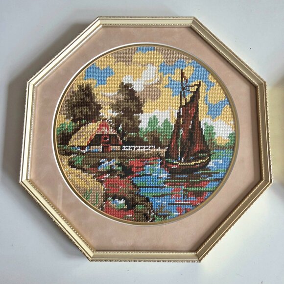 Set of 2 large vintage framed needlepoint cross stitch pictures. - Picture 2 of 6